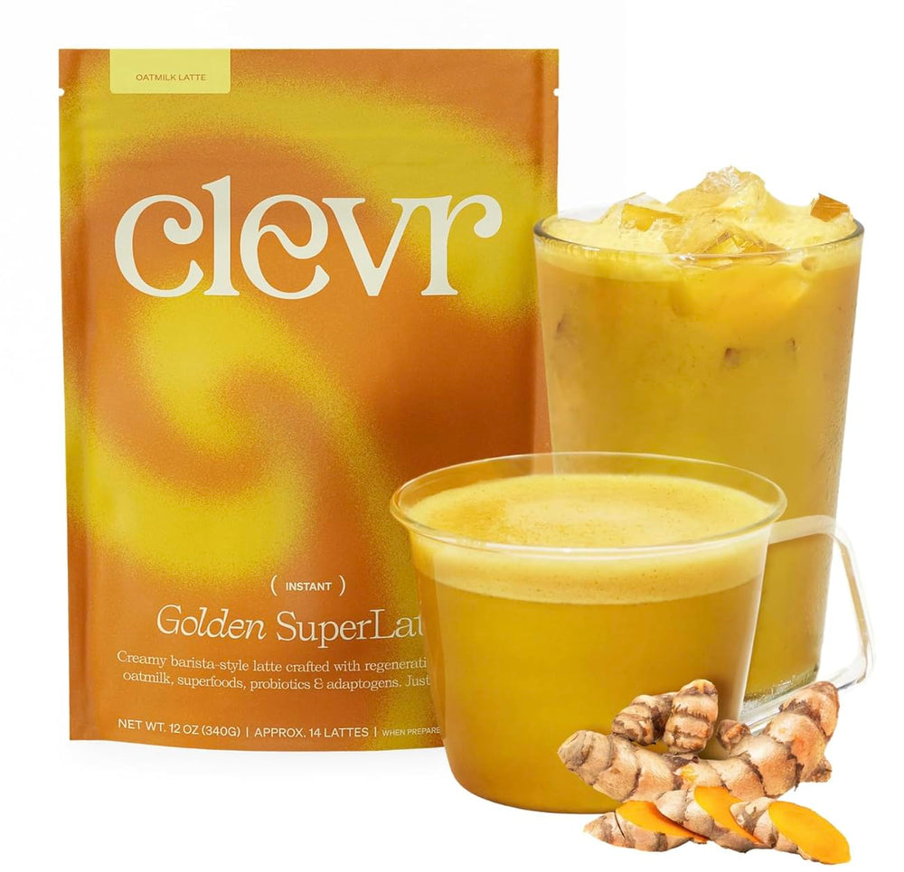 Clevr Golden SuperLatte packaging front showing turmeric blend for a cozy caffeine-free latte