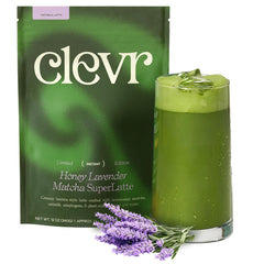 Clevr Honey Lavender Matcha SuperLatte canister shows ceremonial-grade powder for a vibrant energy lift.