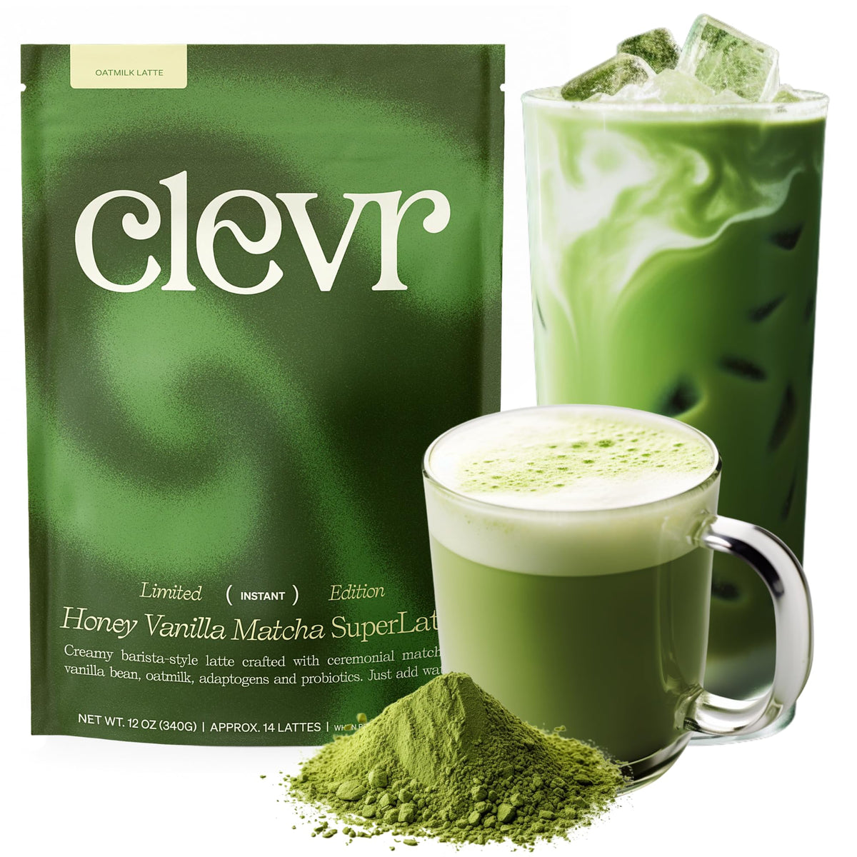 Clevr Honey Vanilla Matcha SuperLatte packaging signals ceremonial-grade latte energy.