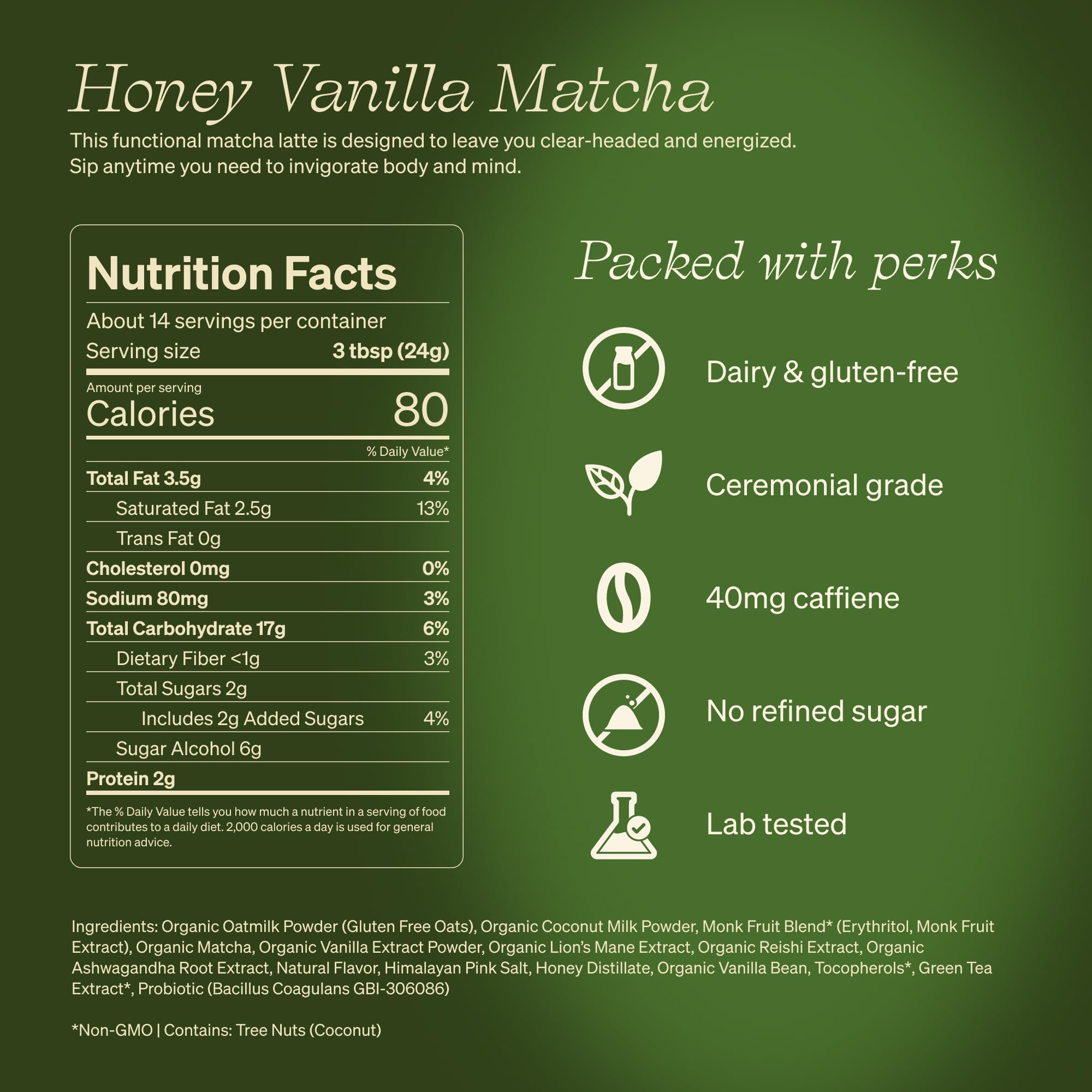 Clevr Honey Vanilla Matcha SuperLatte tin showcases premium powder for quick lattes.
