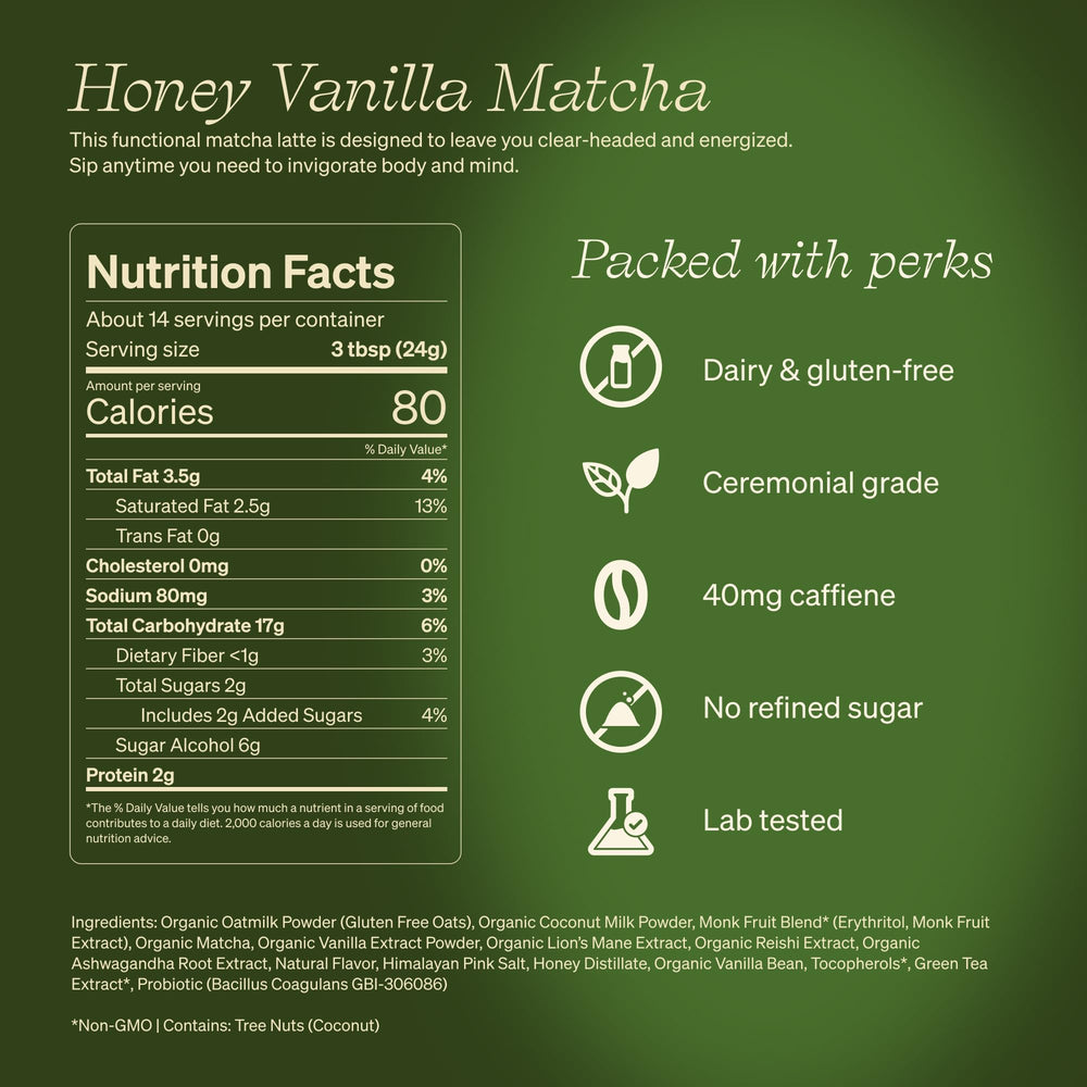 Clevr Honey Vanilla Matcha SuperLatte tin showcases premium powder for quick lattes.