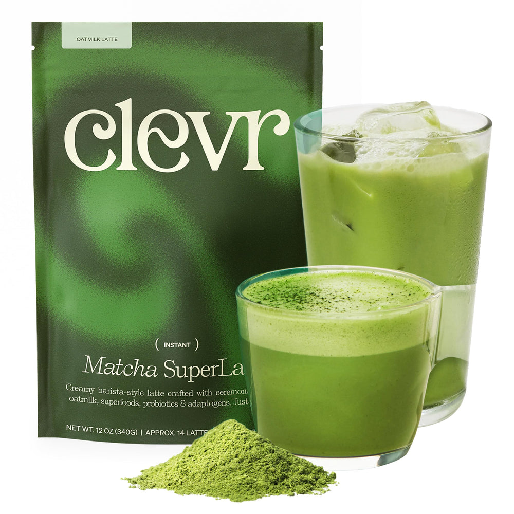 Clevr Matcha SuperLatte tub front with ceremonial-grade powder