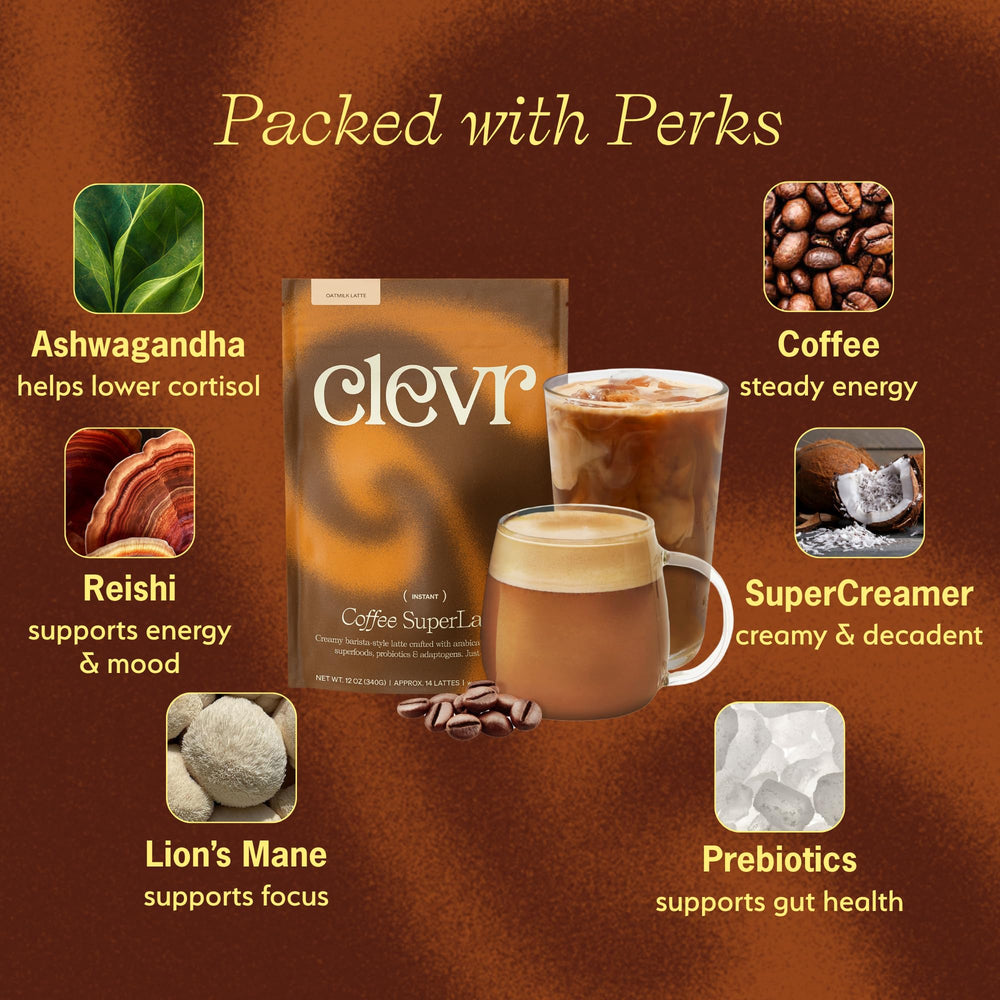 Clevr Mushroom Coffee adaptogens ashwagandha, lions mane, reishi for balanced energy.