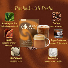 Clevr Mushroom Coffee adaptogens ashwagandha, lions mane, reishi for balanced energy.
