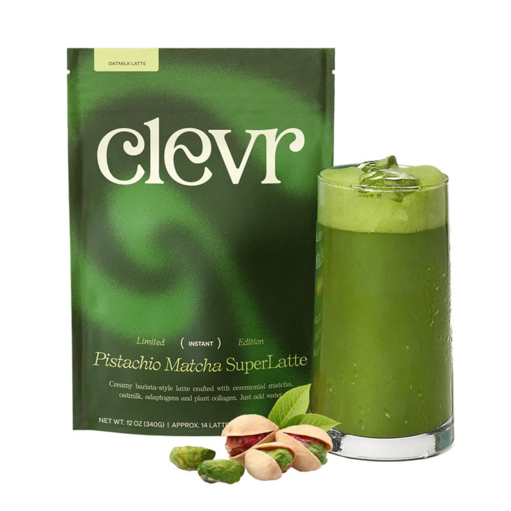 Clevr Pistachio Matcha SuperLatte bottle pour highlights creamy texture for a confident morning boost.