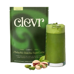 Clevr Pistachio Matcha SuperLatte bottle pour highlights creamy texture for a confident morning boost.