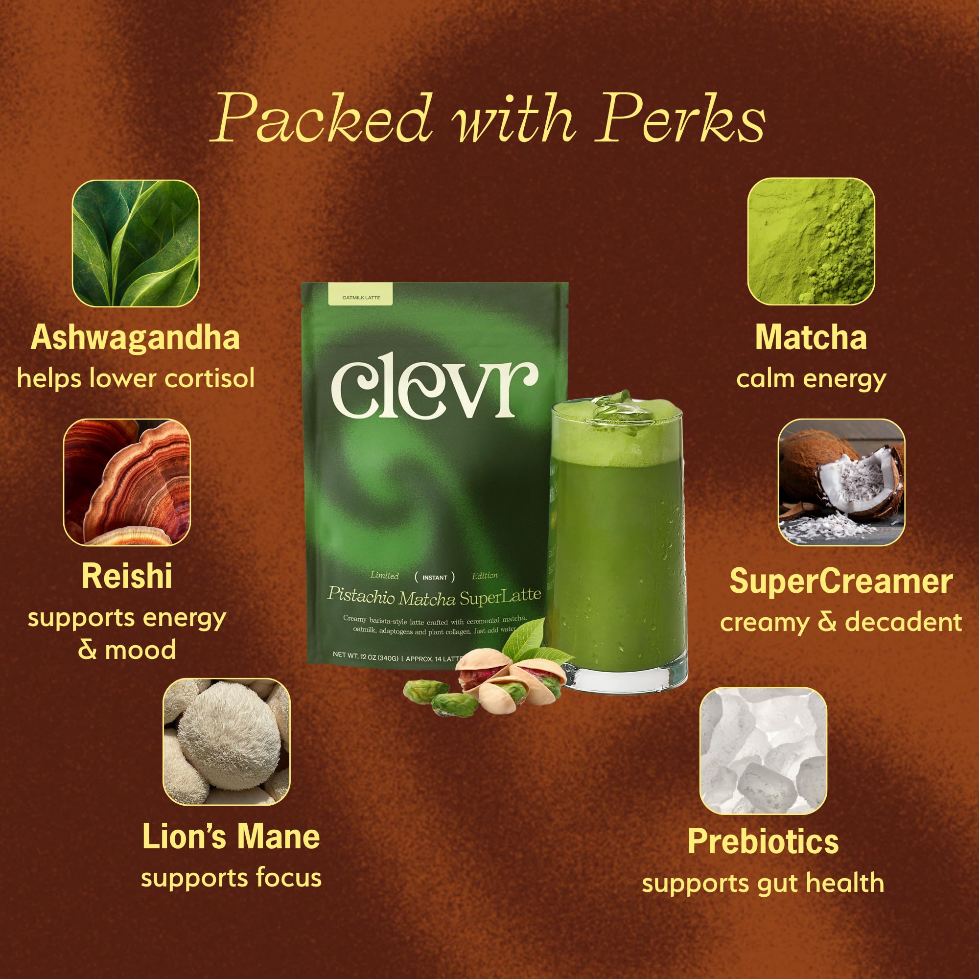 Clevr Pistachio Matcha SuperLatte scoop-dispense demonstrates quick, mess-free preparation.