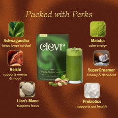 Clevr Pistachio Matcha SuperLatte scoop-dispense demonstrates quick, mess-free preparation.