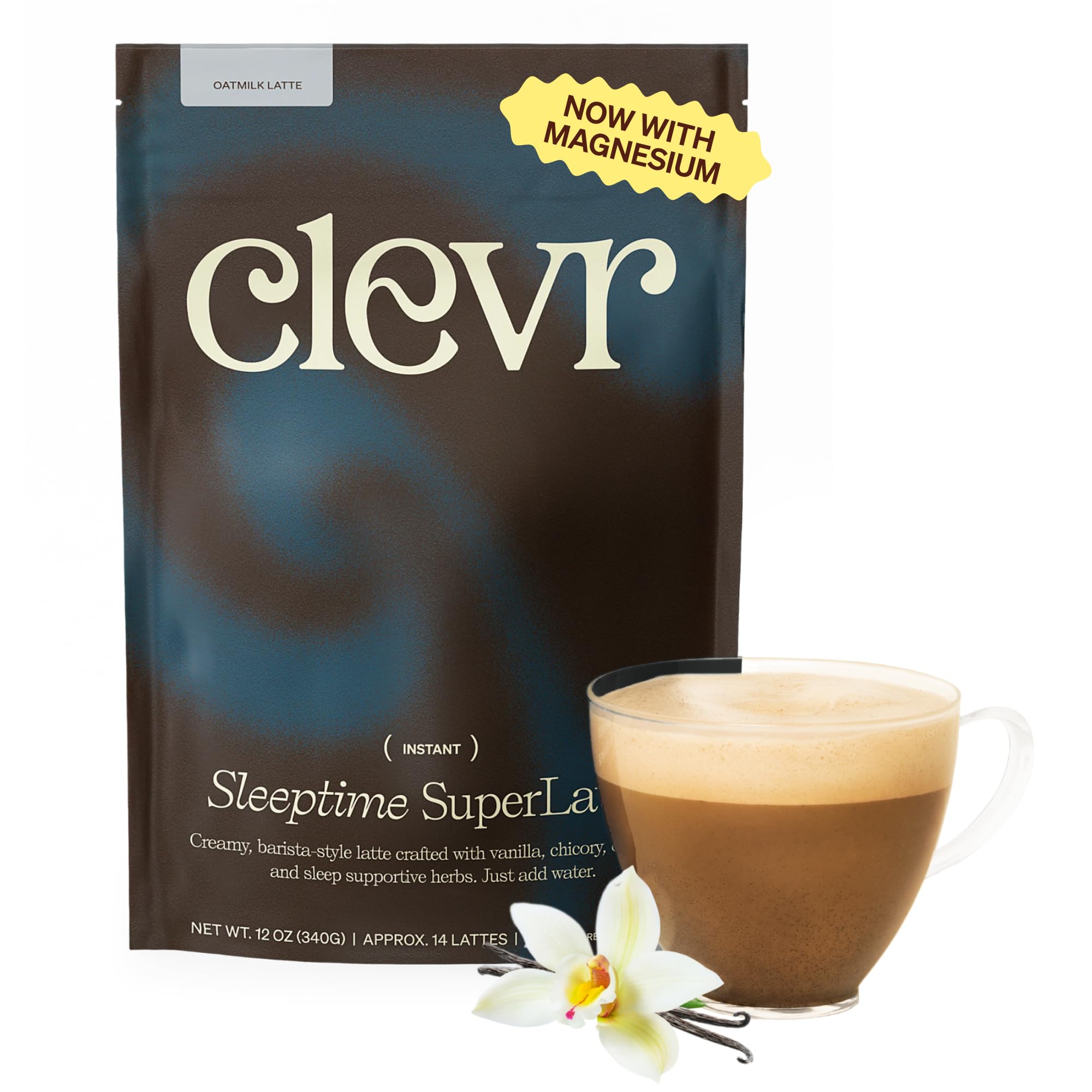 Clevr Sleeptime SuperLatte canister front view for a soothing bedtime ritual.