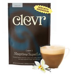 Clevr Sleeptime SuperLatte canister front view for a soothing bedtime ritual.
