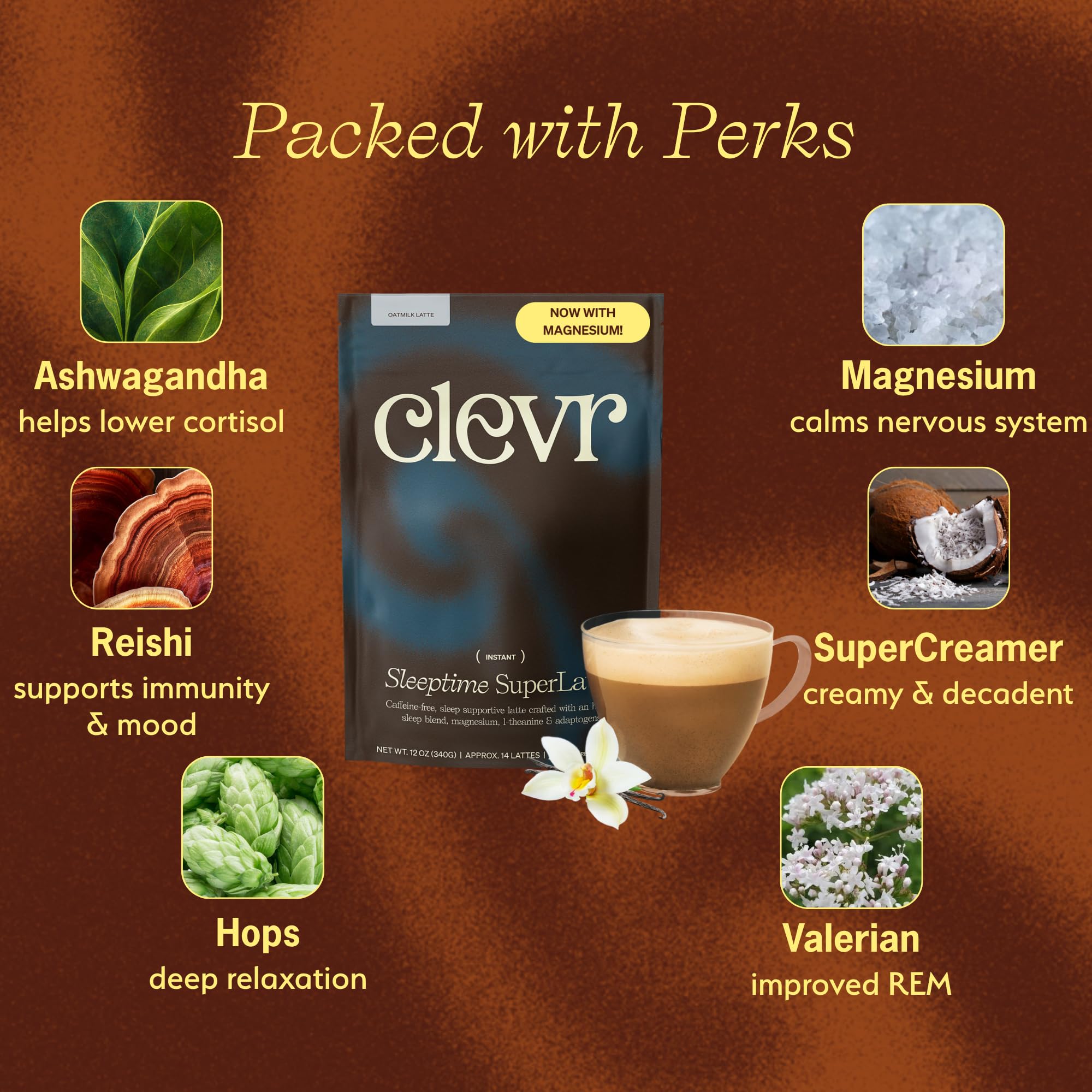 Clevr Sleeptime SuperLatte powder on a spoon, ready to mix for calm nights.