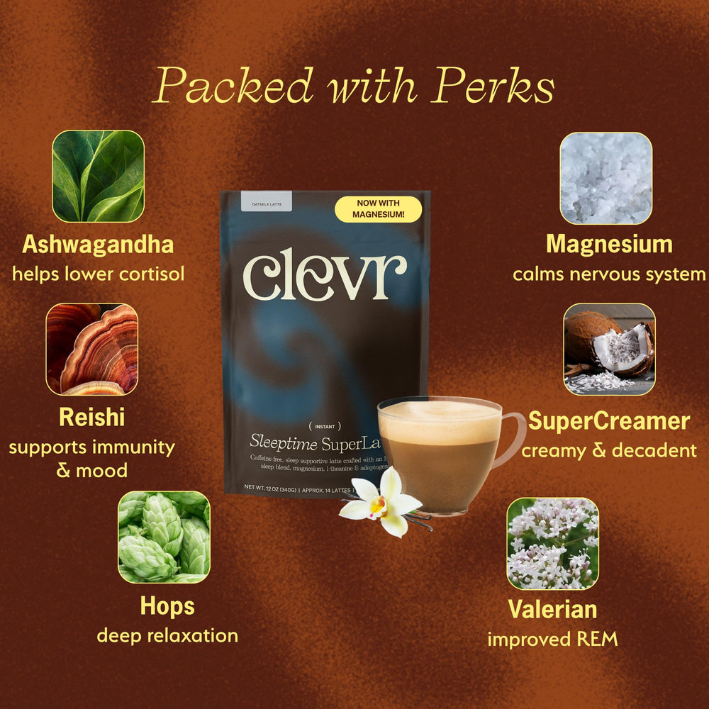 Clevr Sleeptime SuperLatte powder on a spoon, ready to mix for calm nights.