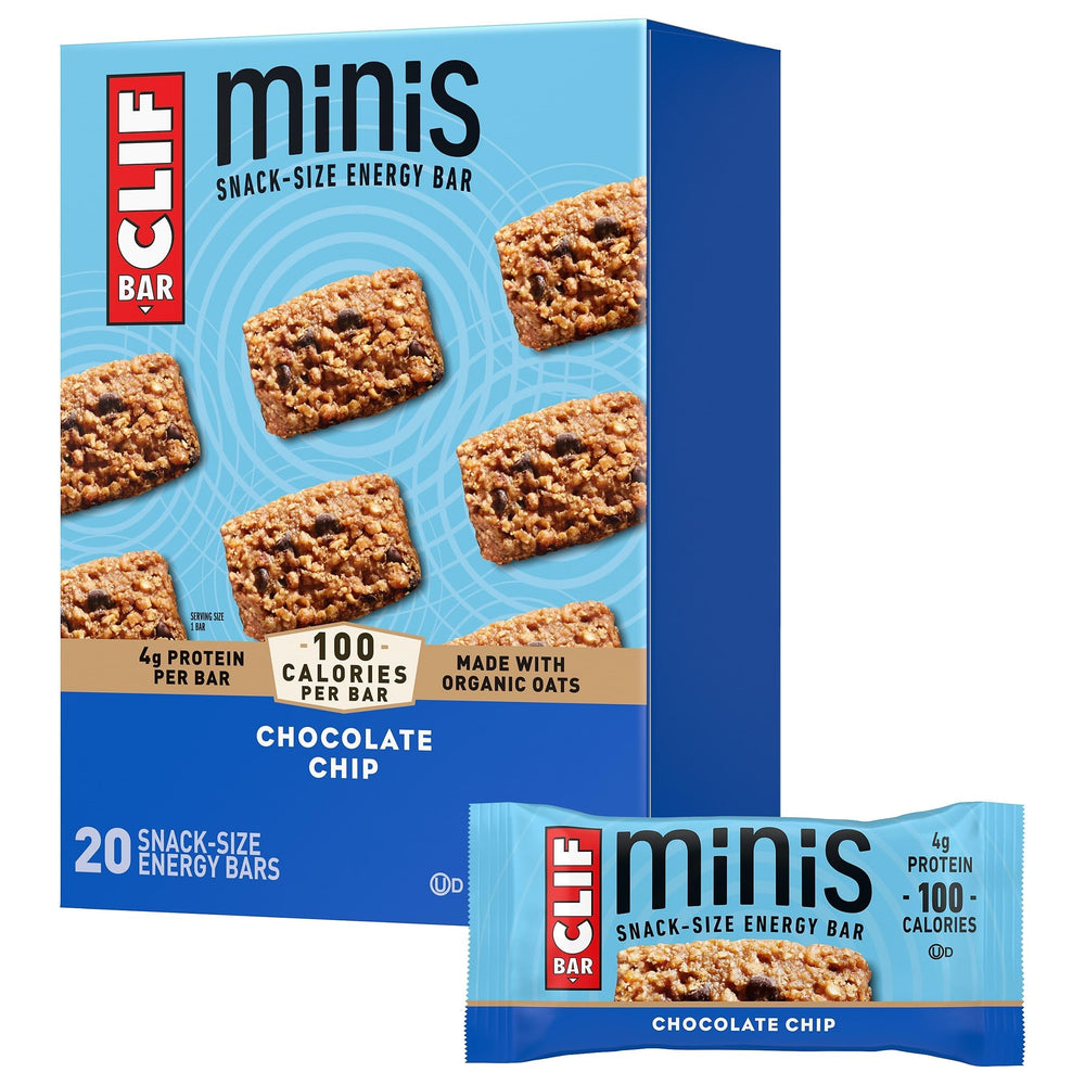 CLIF Bar Minis Chocolate Chip packaging shows a 20-pack for easy grab-and-go energy.