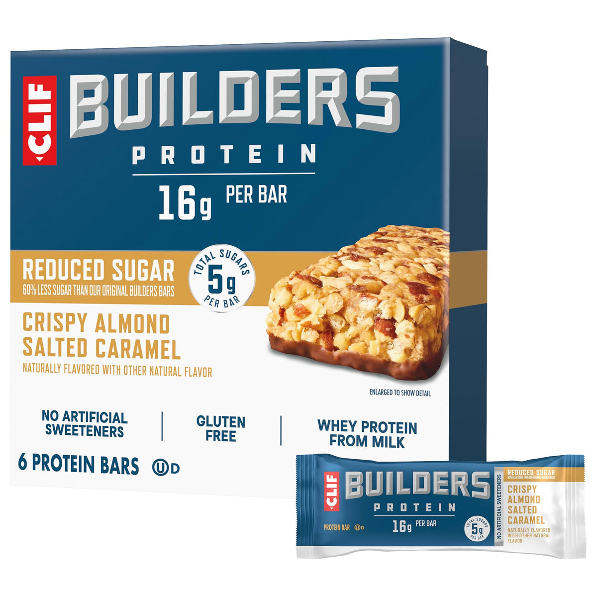 CLIF BUILDER'S Crispy Almond Salted Caramel bar front view with crispy texture and protein