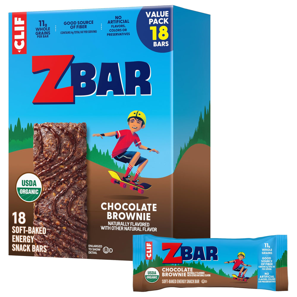 Clif Kid ZBar Chocolate Brownie packaging shown for organic lunchbox snack purpose