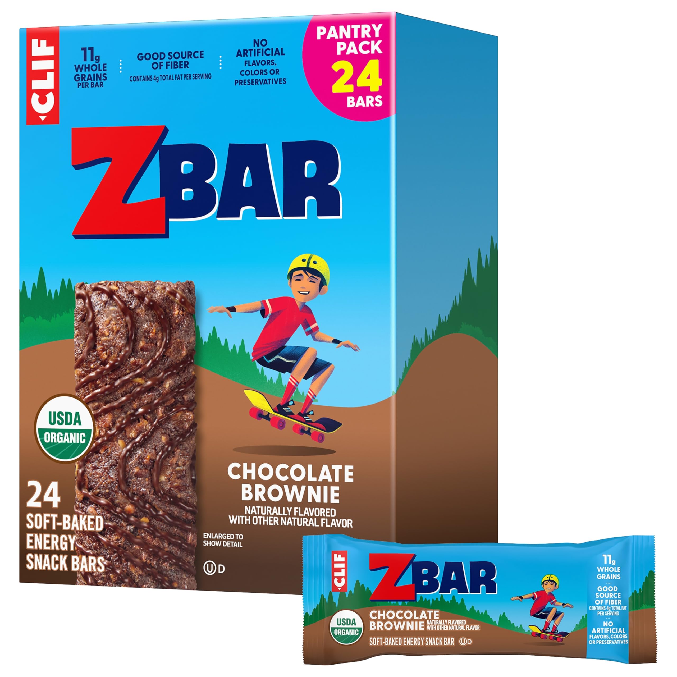 Clif Kid ZBar Chocolate Brownie packaging, lunchbox-friendly snack for active kids.