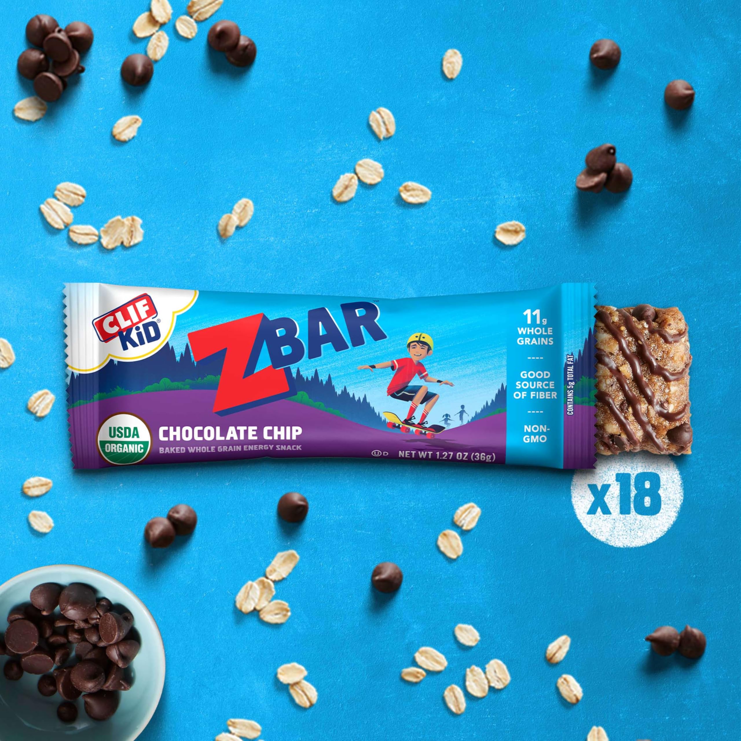 Clif Kid ZBar Chocolate Chip whole-grains shot underlines 12g grains per bar