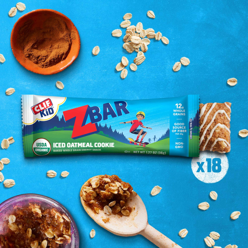 Clif Kid ZBar Iced Oatmeal Cookie organic and non-GMO label shown.