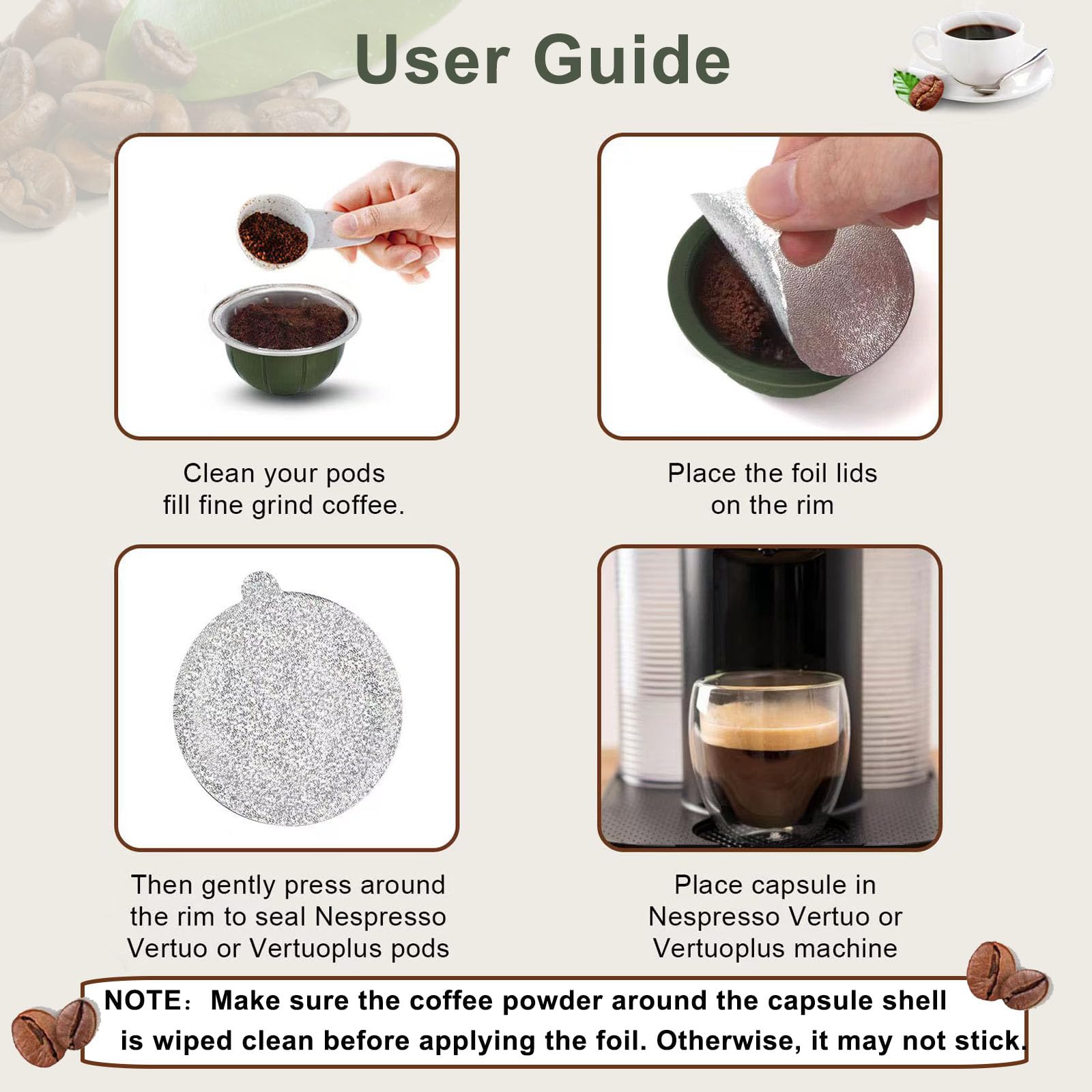 Clinuse 61mm Vertuo lid in-use, seals capsule for fresh coffee without waste.