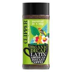 Clipper Coffee Latin American Decaf Instant in a reusable jar for easy storage.