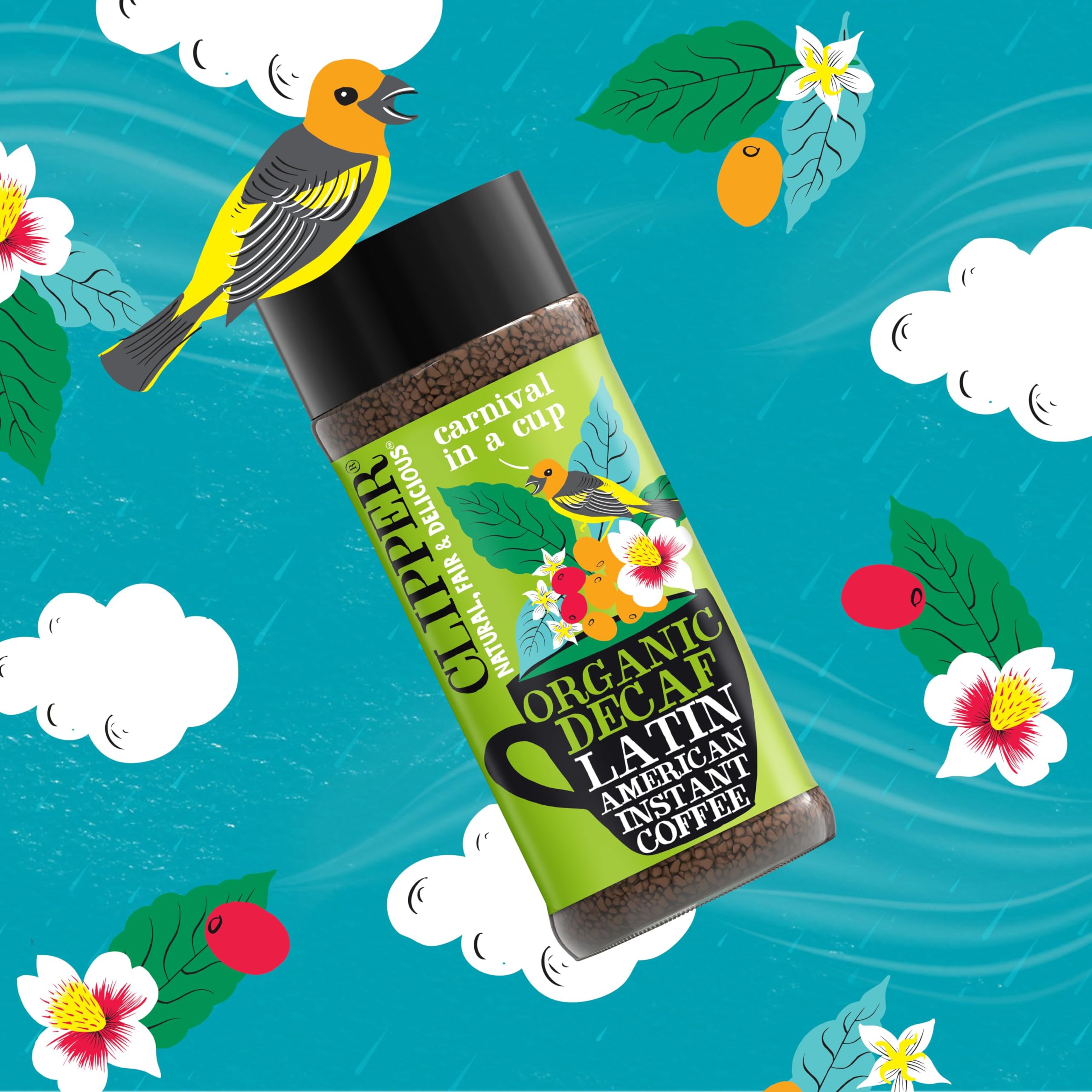 Clipper Coffee Latin American Decaf Instant packaging highlights an eco-friendly jar.