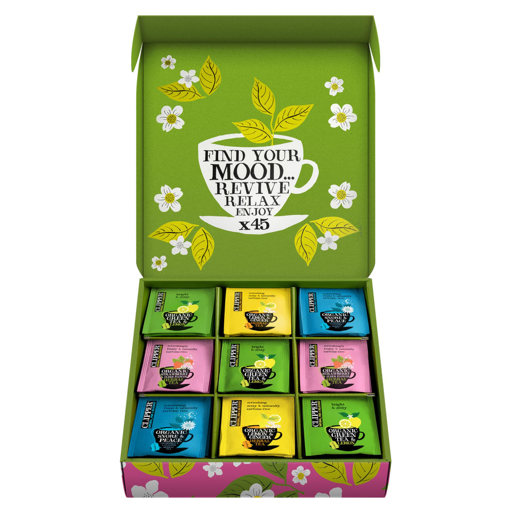 Clipper Tea gift box front showing five flavors for sharing.