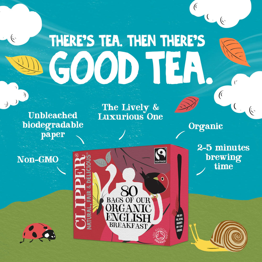 Clipper Tea English Breakfast Assam bags open-pack ready for brewing.