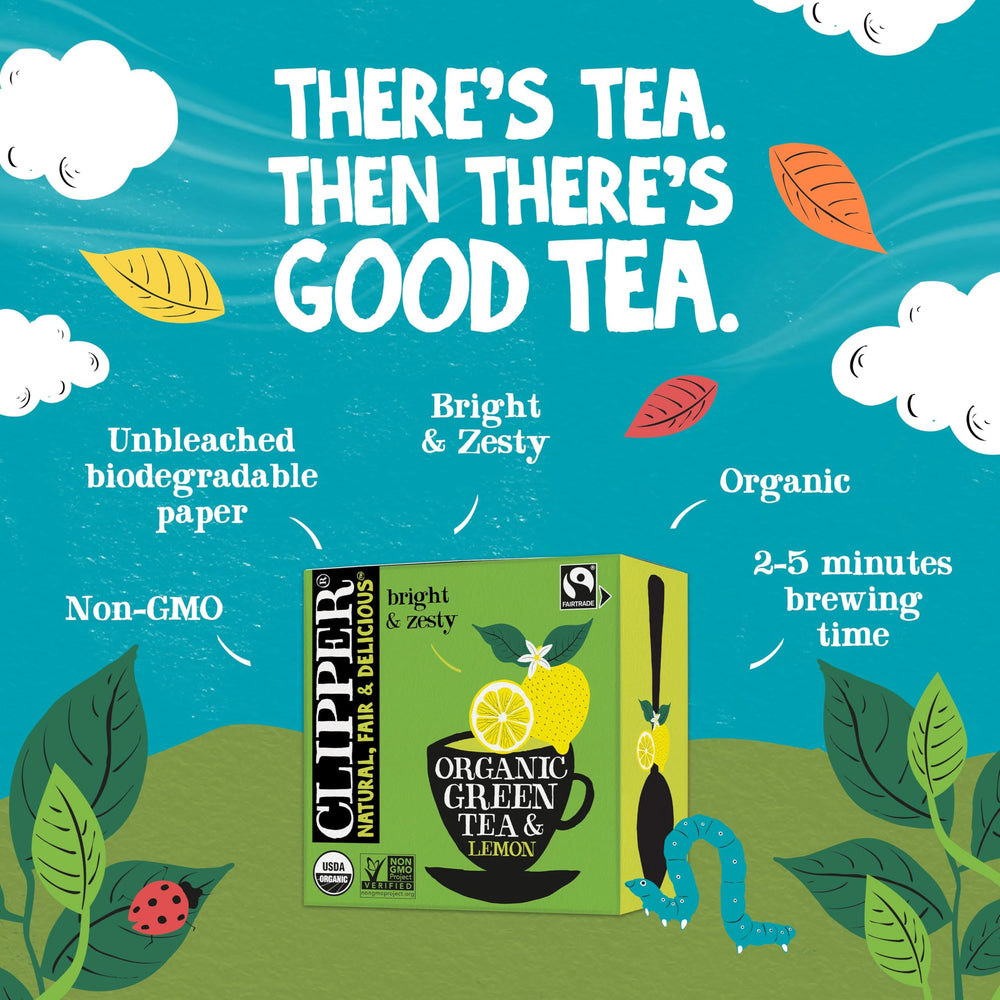 Clipper Tea Green Tea and Lemon teabags closeup highlights fresh aroma.