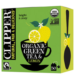 Clipper Tea Green Tea and Lemon teabags packaging, convenient for on-the-go mornings.