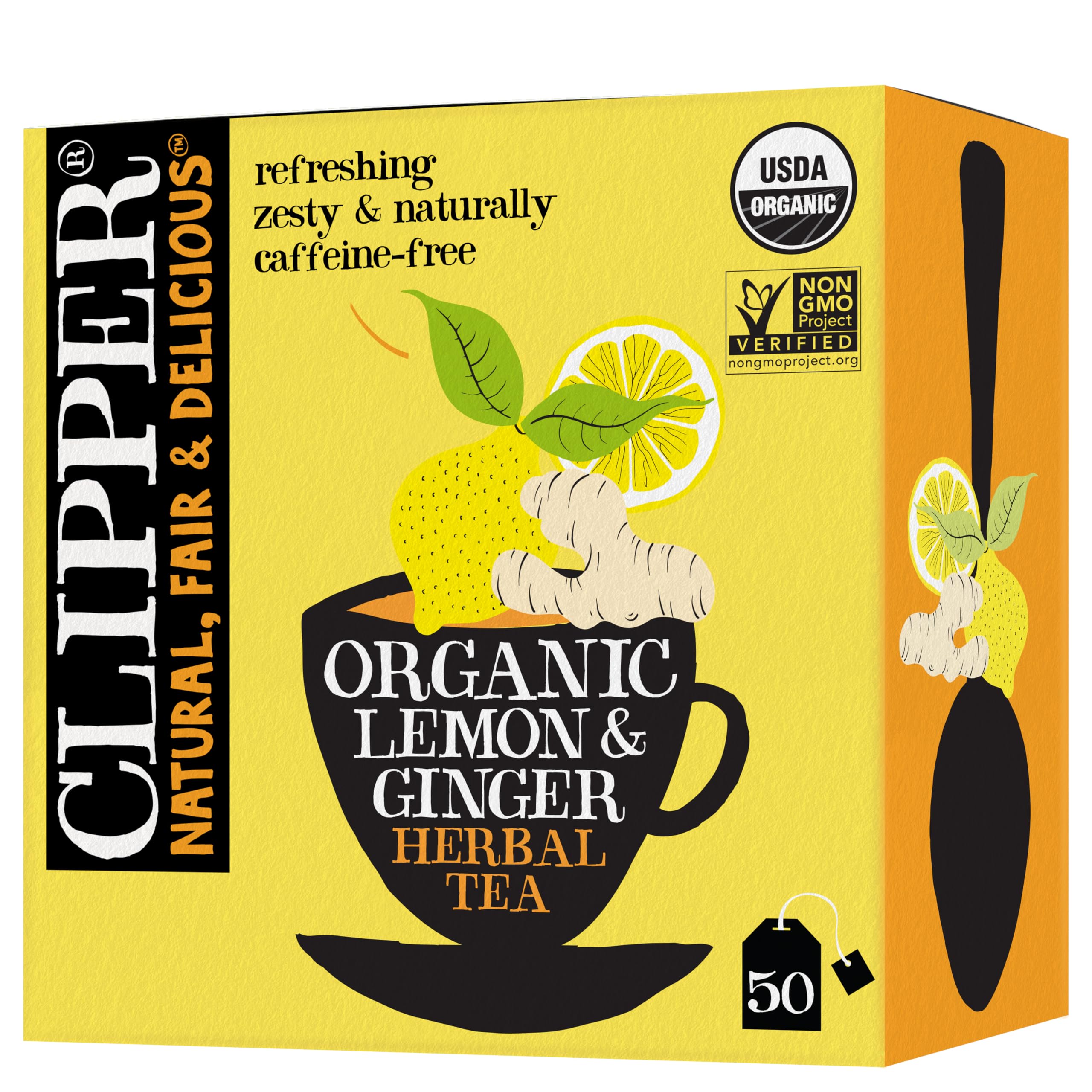 Clipper Tea Lemon & Ginger teabags with caffeine-free citrus flavor.