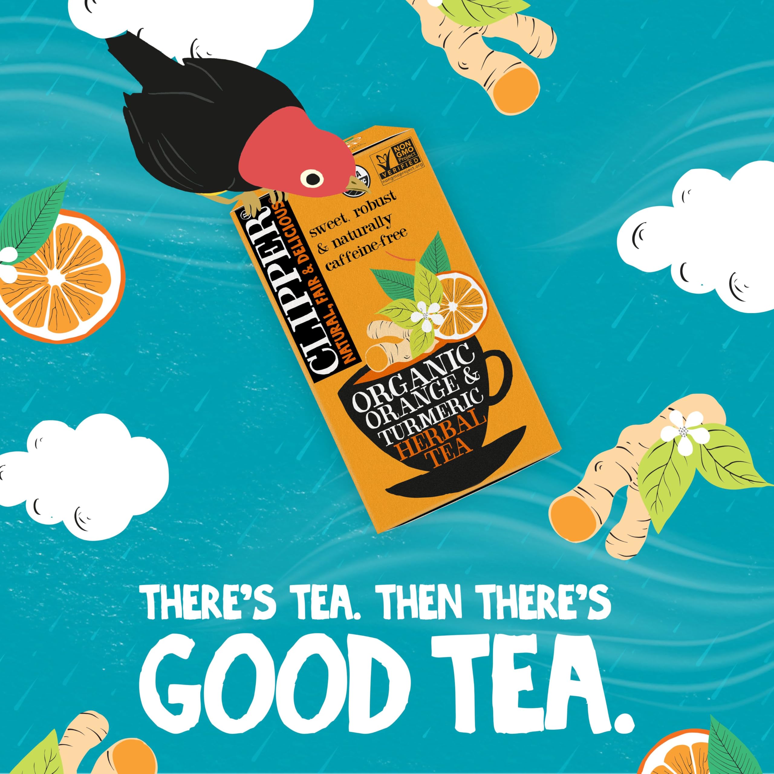 Hibiscus petals give color in Clipper Tea Orange & Turmeric.