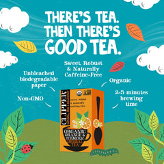 Hot cup of Clipper Tea Orange & Turmeric steeping for relaxation.