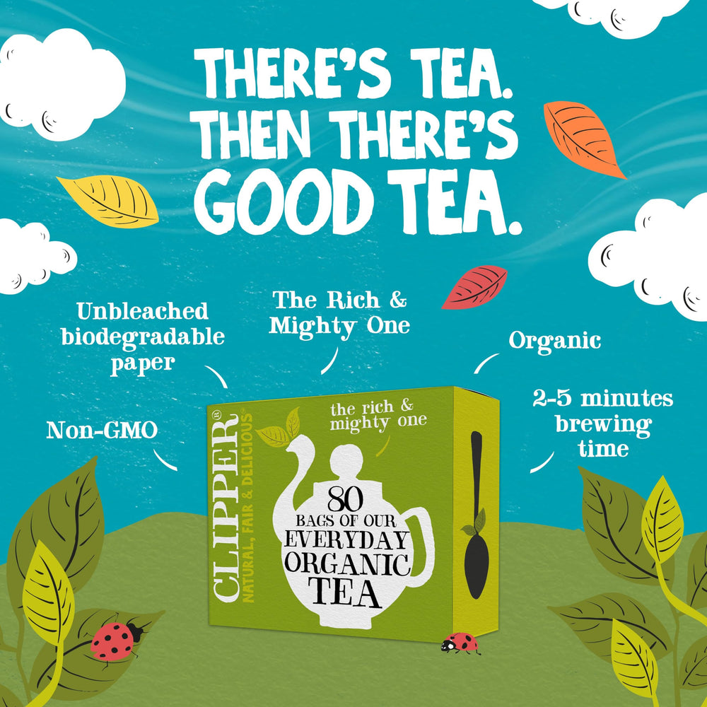 Clipper Tea Organic Fairtrade Everyday tea bags arranged for a fresh, everyday brew.