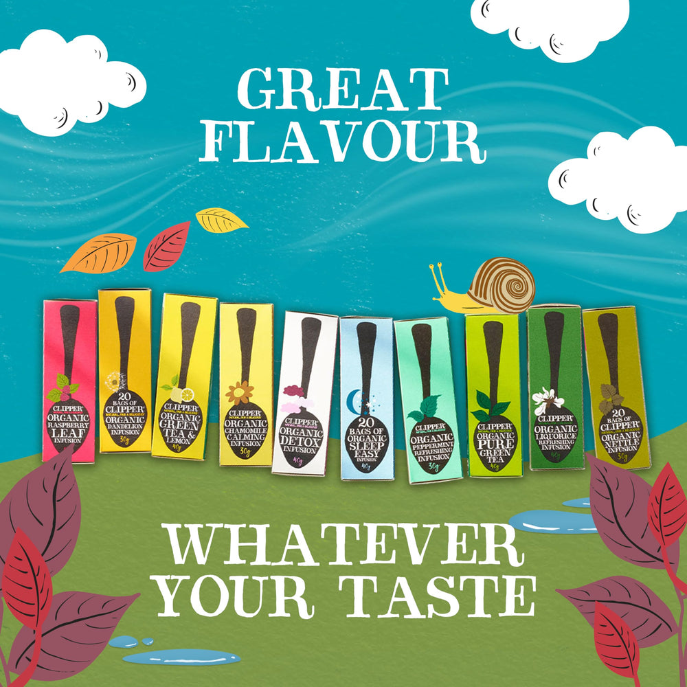 Clipper Tea recyclable packaging emphasizes sustainable disposal.