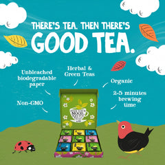 Clipper Tea sampler labels highlight five flavors and flavor exploration.
