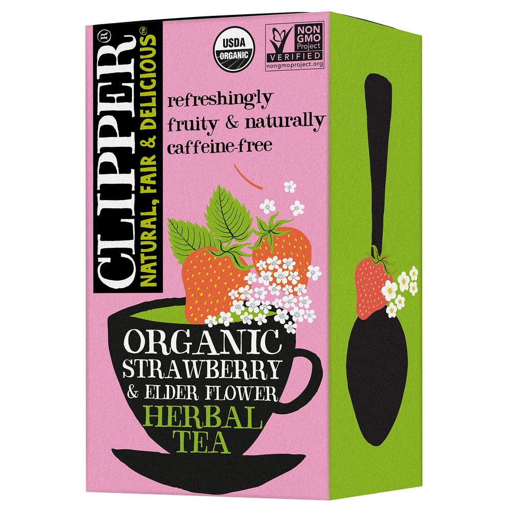 Clipper Tea Strawberry and Elderflower tea bags ready for a fragrant caffeine-free brew.