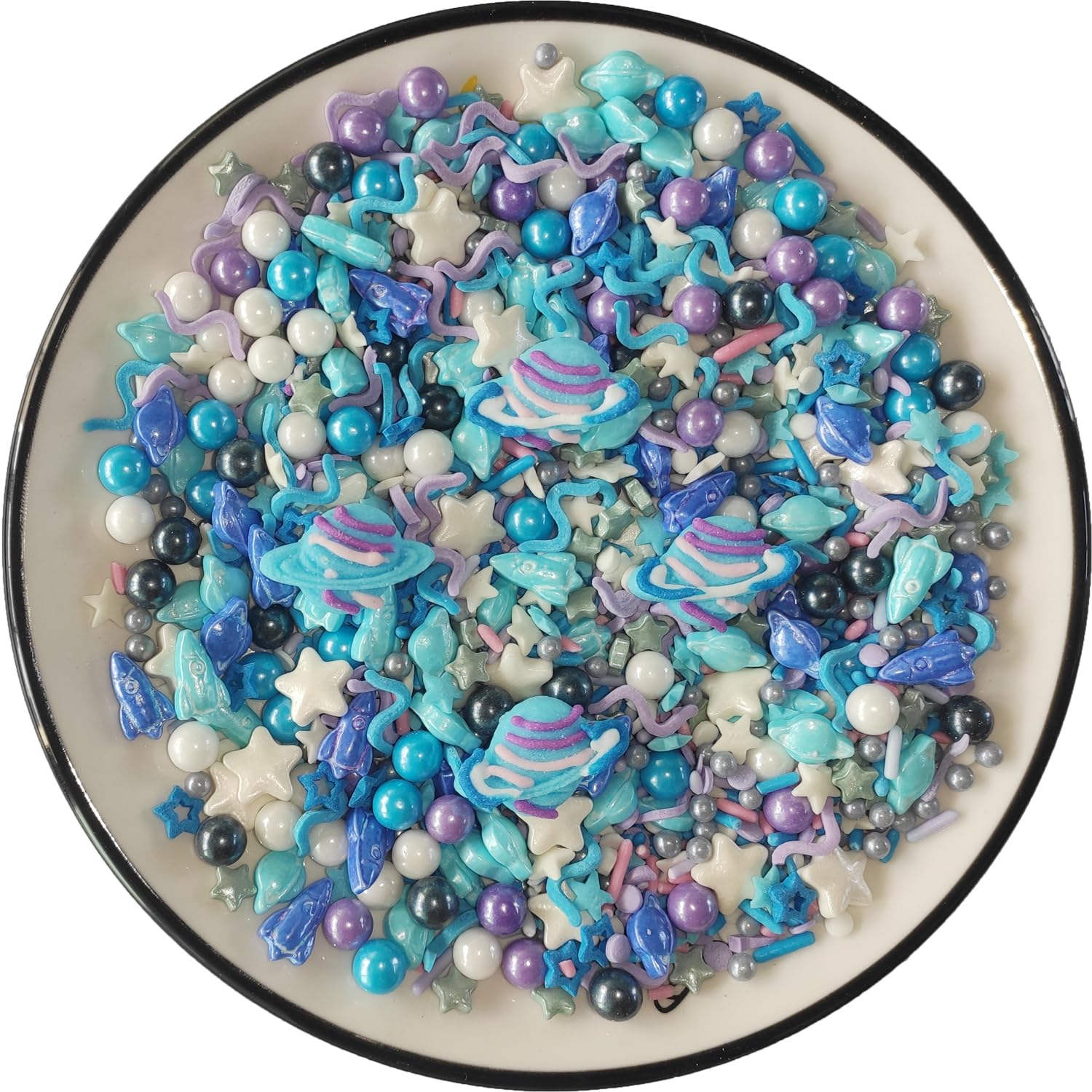 Clonynix space sprinkles blue planet and rocket for cake decoration, adds playful texture