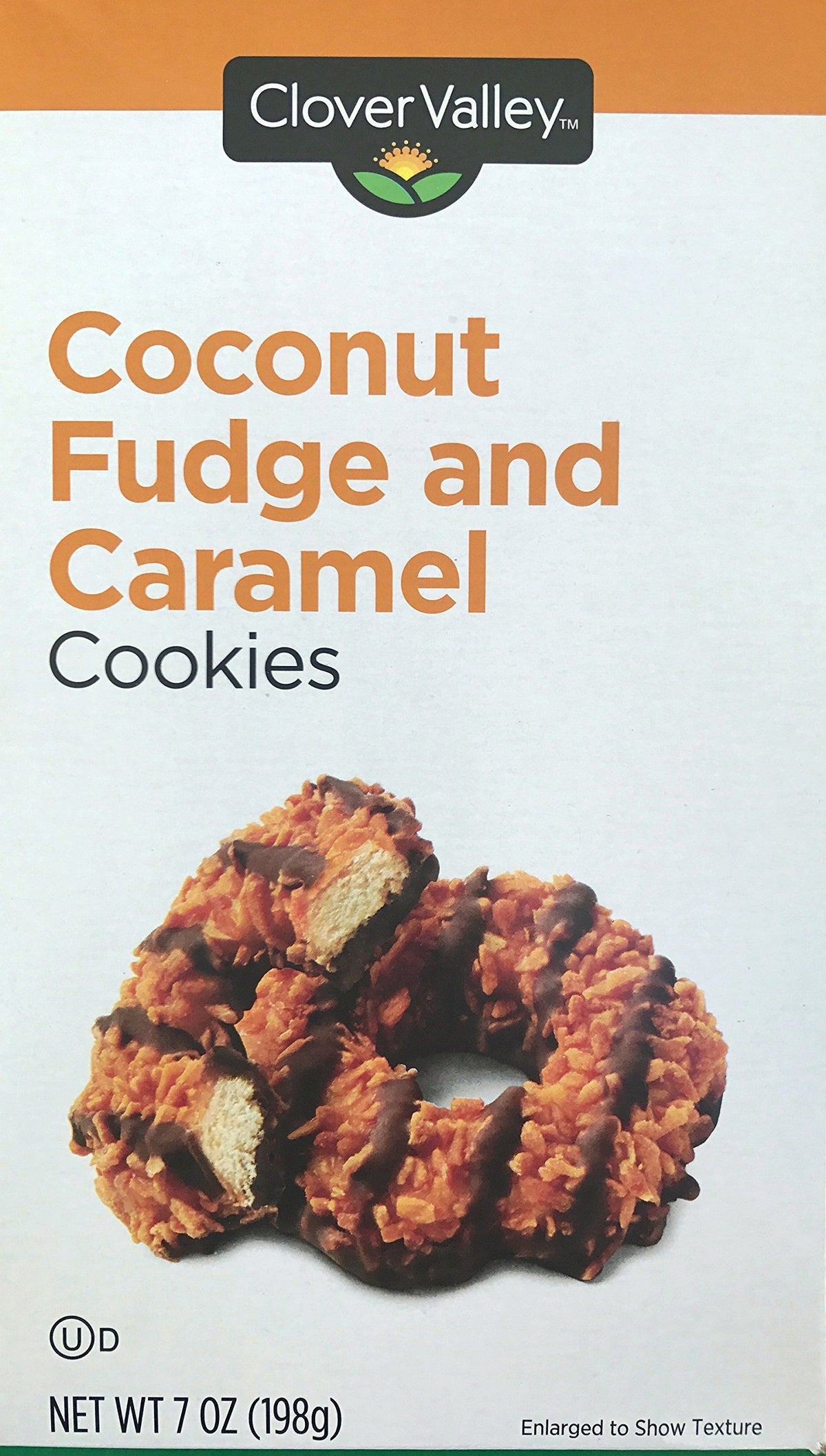 Clover Valley Coconut Fudge Caramel Cookies 7oz packshot—convenient on-the-go snack.