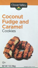 Clover Valley Coconut Fudge Caramel Cookies 7oz packshot—convenient on-the-go snack.