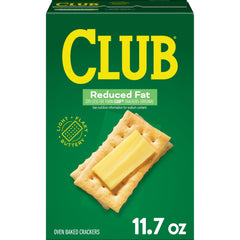 Club Crackers Reduced Fat box front showing snackable buttery texture