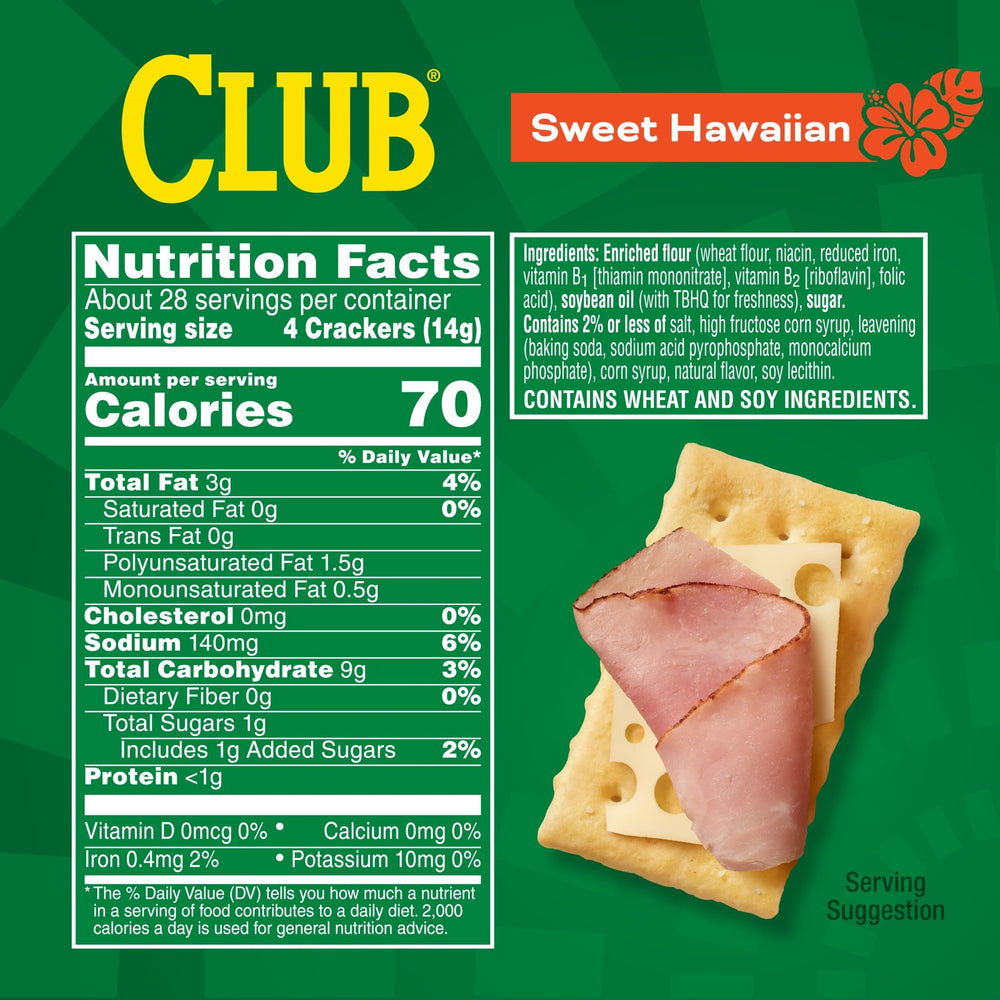 Club Crackers Sweet Hawaiian box packaging shows freshness and convenient sharing