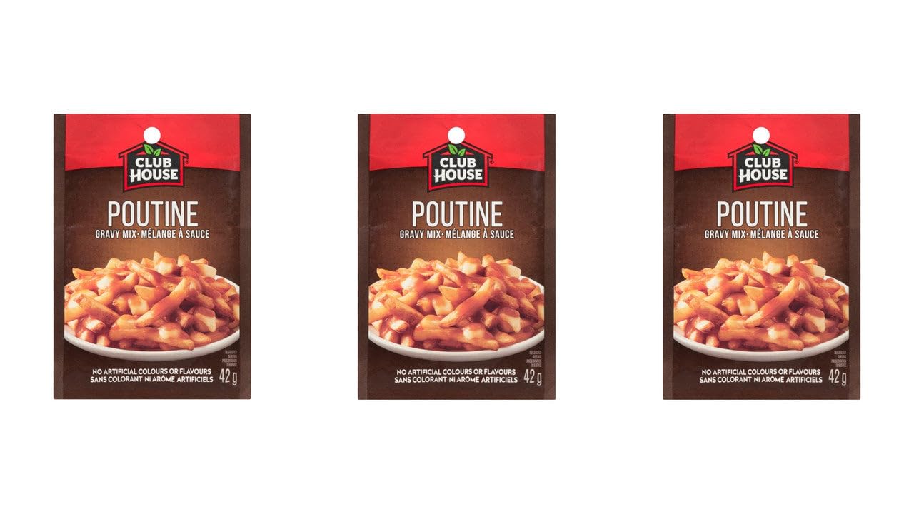 Club House Poutine Gravy Mix 3-pack, front view for quick pantry meals.