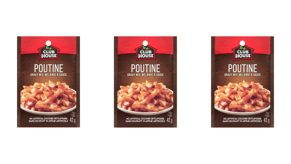 Club House Poutine Gravy Mix 3-pack, front view for quick pantry meals.