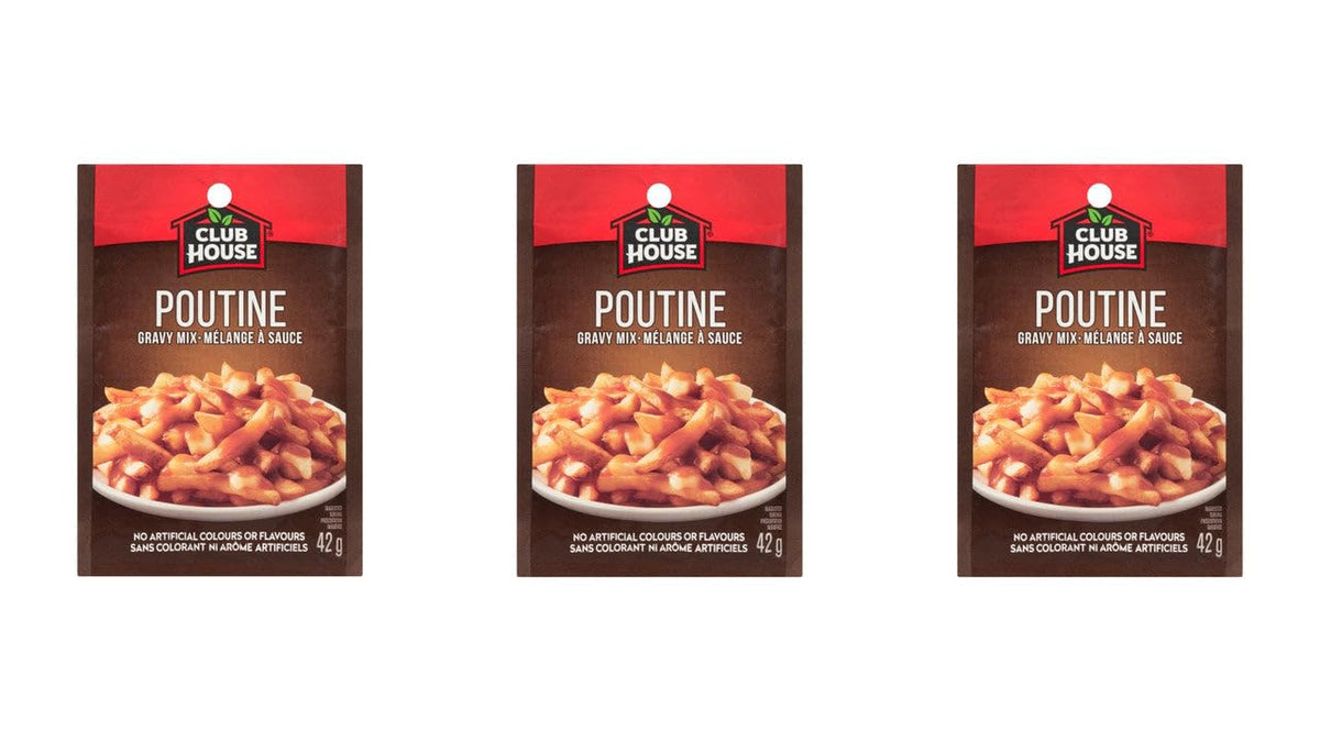 Club House Poutine Gravy Mix 3-pack, front view for quick pantry meals.