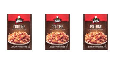 Club House Poutine Gravy Mix 3-pack served over fries for a classic plate.