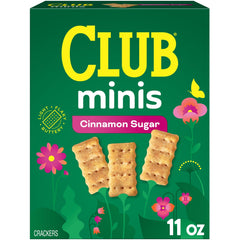 Club Minis Cinnamon Sugar crackers front box for quick, delicious snacking.
