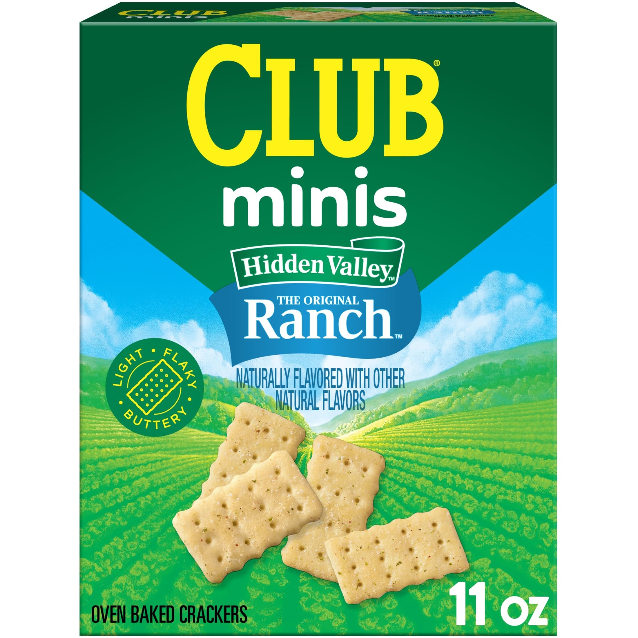Club Minis Hidden Valley Ranch crackers in a box, ideal for on-the-go snacking.