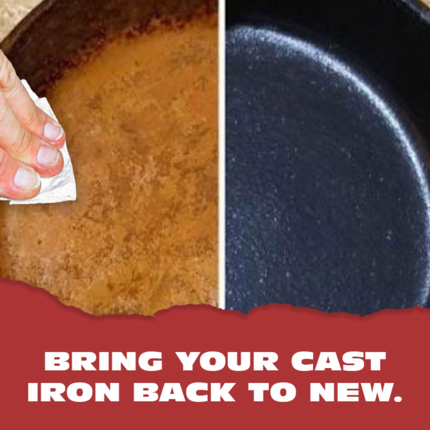 Applying CM SCRUBBER Knapp Made seasoning wax to a cast iron pan shows protective coating.