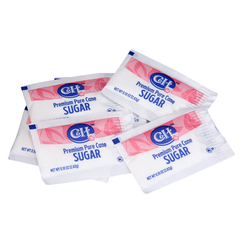 C&H sugar packets in a coffee shop scene on a counter