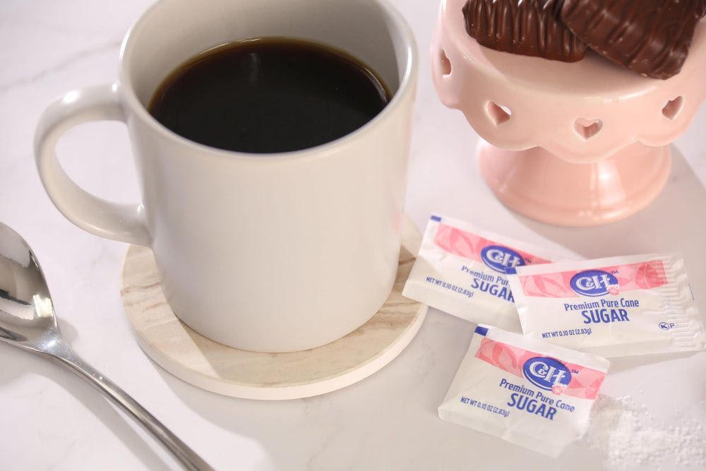 C&H sugar packets in office break room setting, ideal for coffee and tea